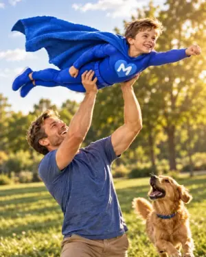 Little LikeMan superhero flying in his dad’s arms