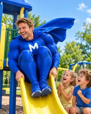 LikeMan superhero going down a kids’ slide while children laugh