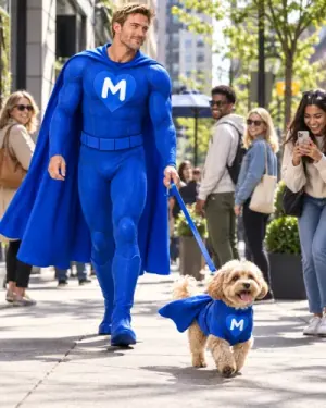 LikeMan superhero walking a dog in a matching suit