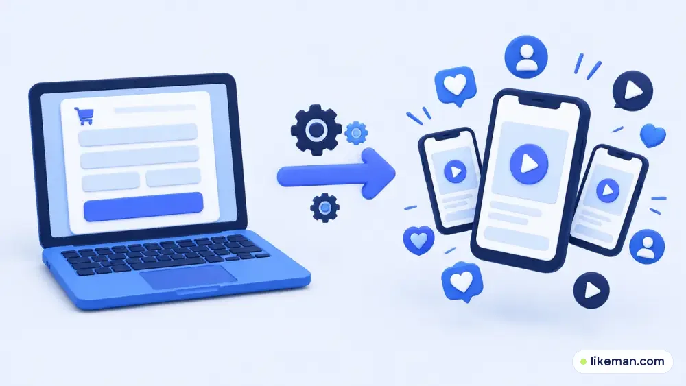 Formulário de pedido num notebook enviando corações, seguidores e visualizações para vários celulares