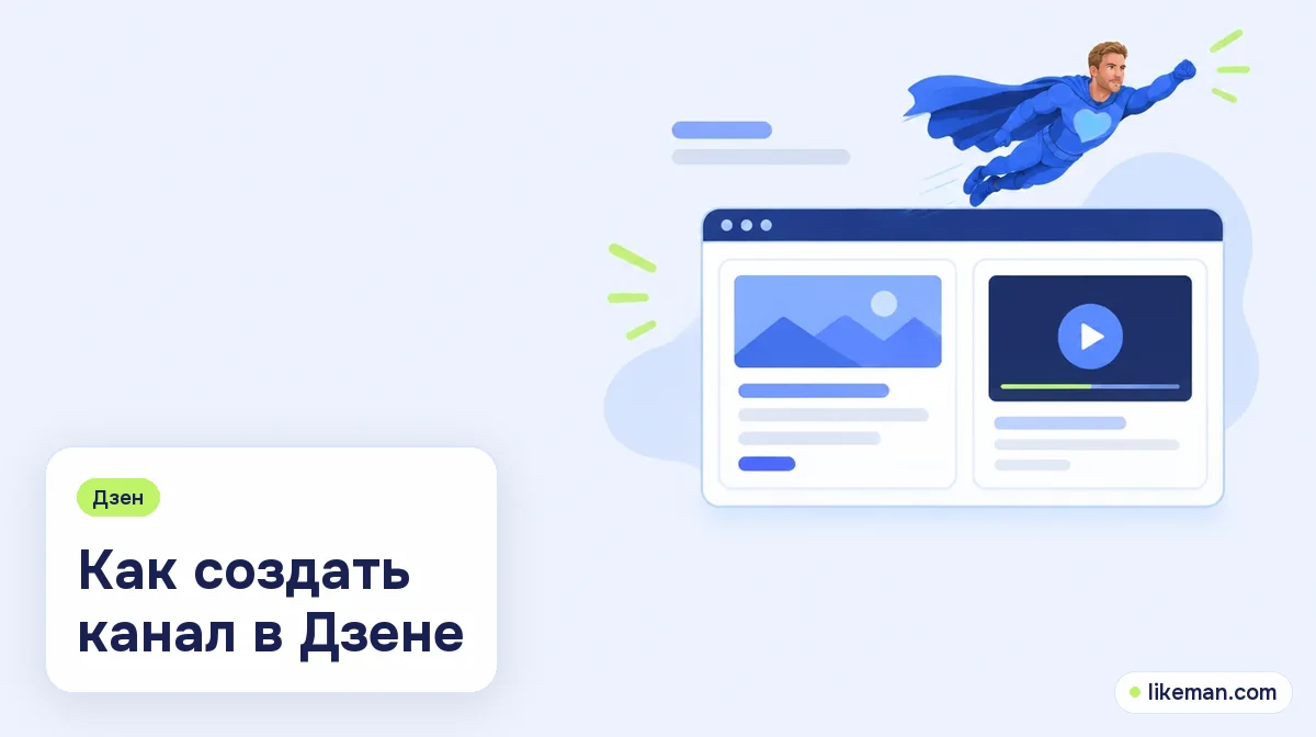 Как создать канал в Дзене. Небольшой супергерой LikeMan рядом с экраном Студии и карточками статьи и видео