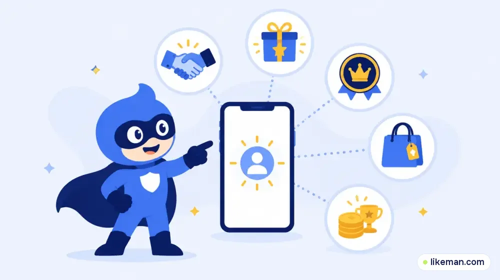 Super-herói da LikeMan apontando para um celular ligado a ícones de publis, presentes, assinaturas, loja e bônus