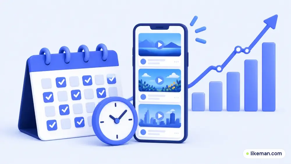 Calendário e relógio ao lado de um feed de vídeos com um gráfico subindo