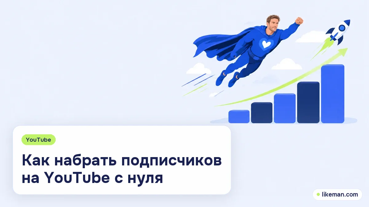 Как набрать подписчиков на YouTube с нуля. Супергерой LikeMan рядом со ступенчатым графиком роста и небольшим значком ракеты