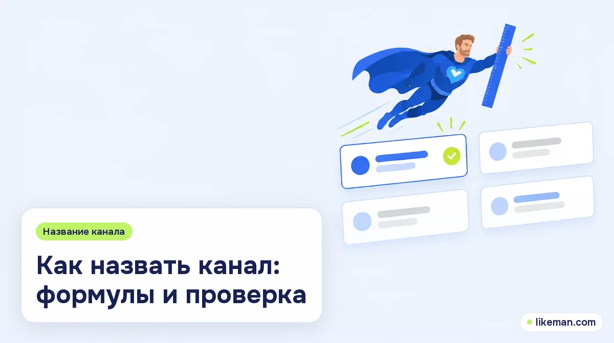 Как назвать канал. Небольшой супергерой LikeMan с линейкой рядом с карточками вариантов названия на светлом фоне