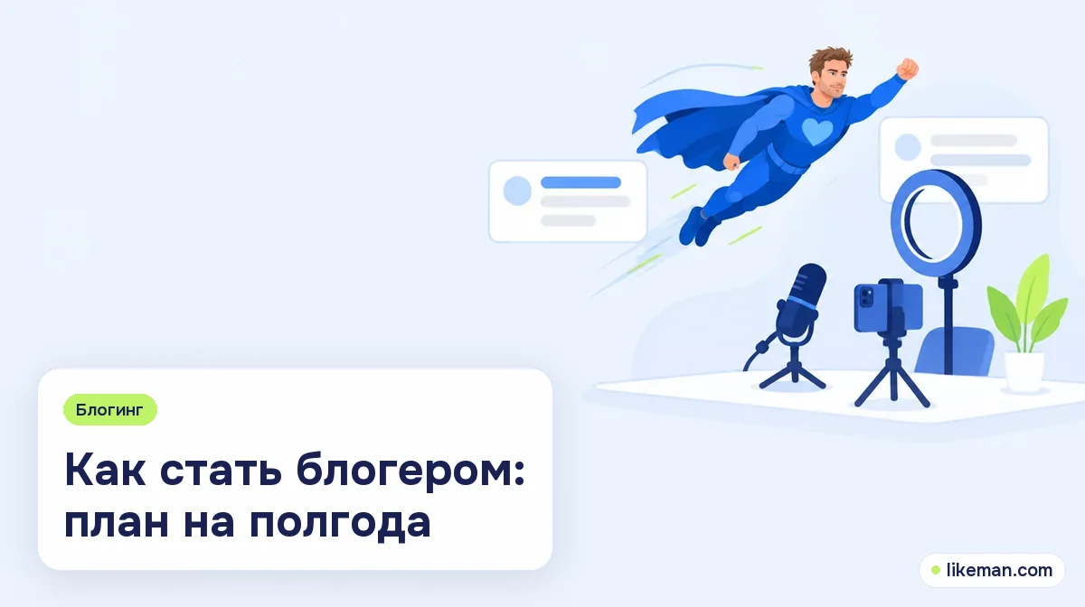 Как стать блогером. Небольшой супергерой LikeMan в домашней студии с кольцевой лампой, микрофоном и смартфоном на штативе