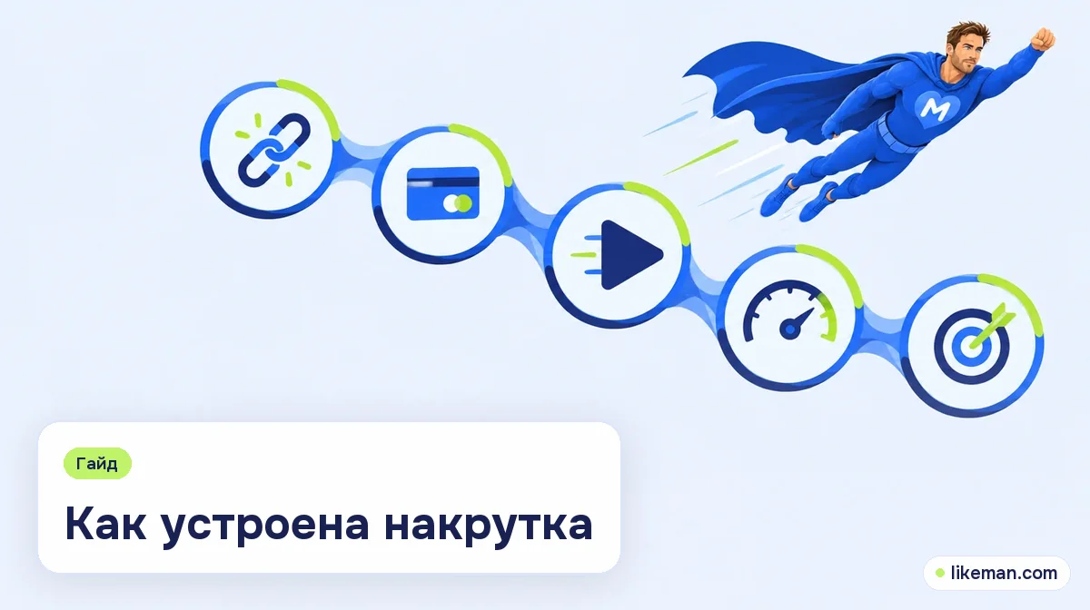 Как устроена накрутка. Супергерой LikeMan рядом со схемой из пяти шагов: ссылка, оплата, старт, темп и результат