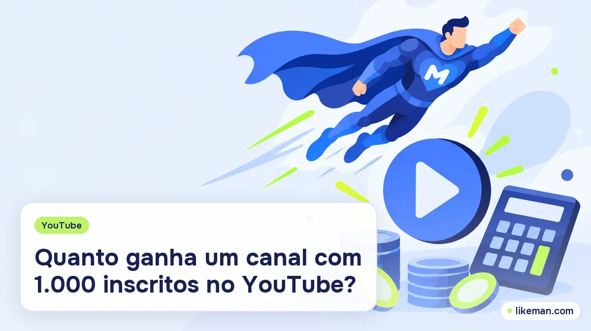 Quanto ganha um canal com 1.000 inscritos no YouTube. Super-herói da LikeMan ao lado de um botão de play, moedas e uma calculadora