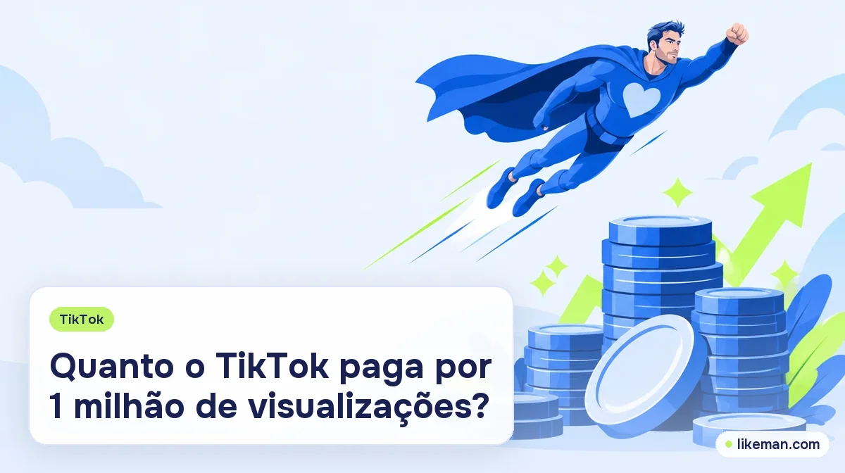 Quanto o TikTok paga por 1 milhão de visualizações. Super-herói da LikeMan ao lado de um contador de um milhão e moedas