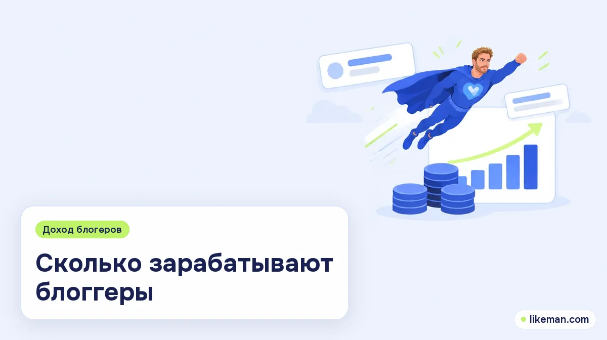 Сколько зарабатывают блоггеры. Небольшой супергерой LikeMan рядом со стопкой монет и растущим графиком дохода