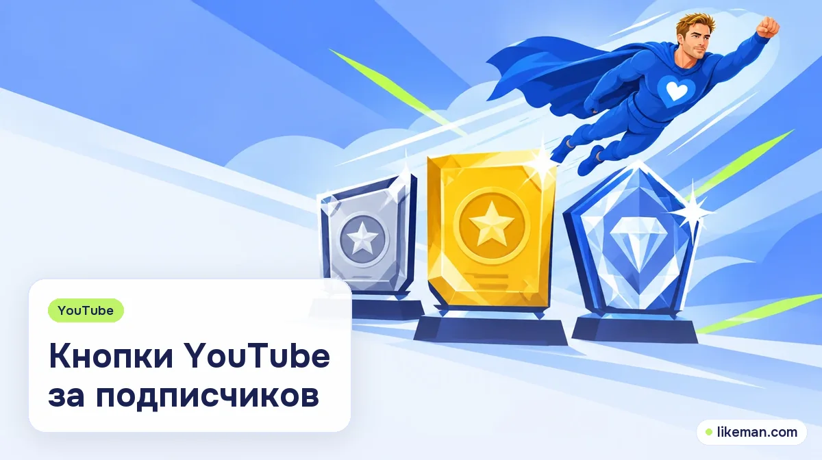 Кнопки YouTube за подписчиков. Супергерой LikeMan рядом с тремя наградами: серебряной, золотой и бриллиантовой кнопками