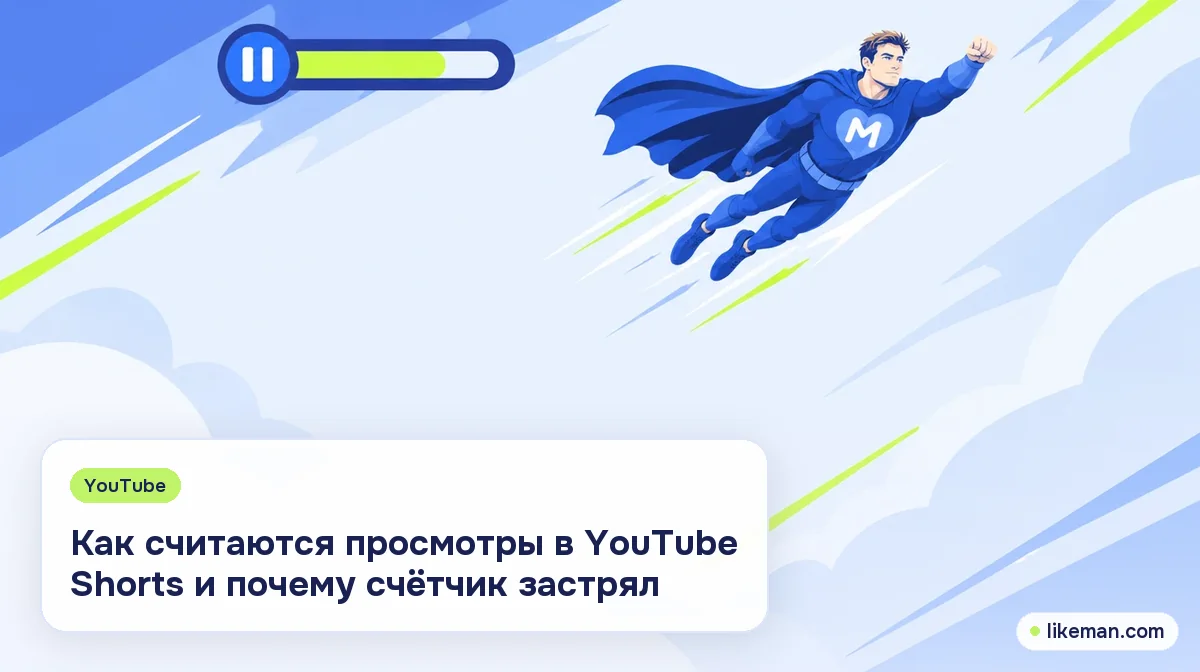 Как считаются просмотры в YouTube Shorts. Супергерой LikeMan рядом с вертикальным видео и счётчиком, на котором стоит значок паузы