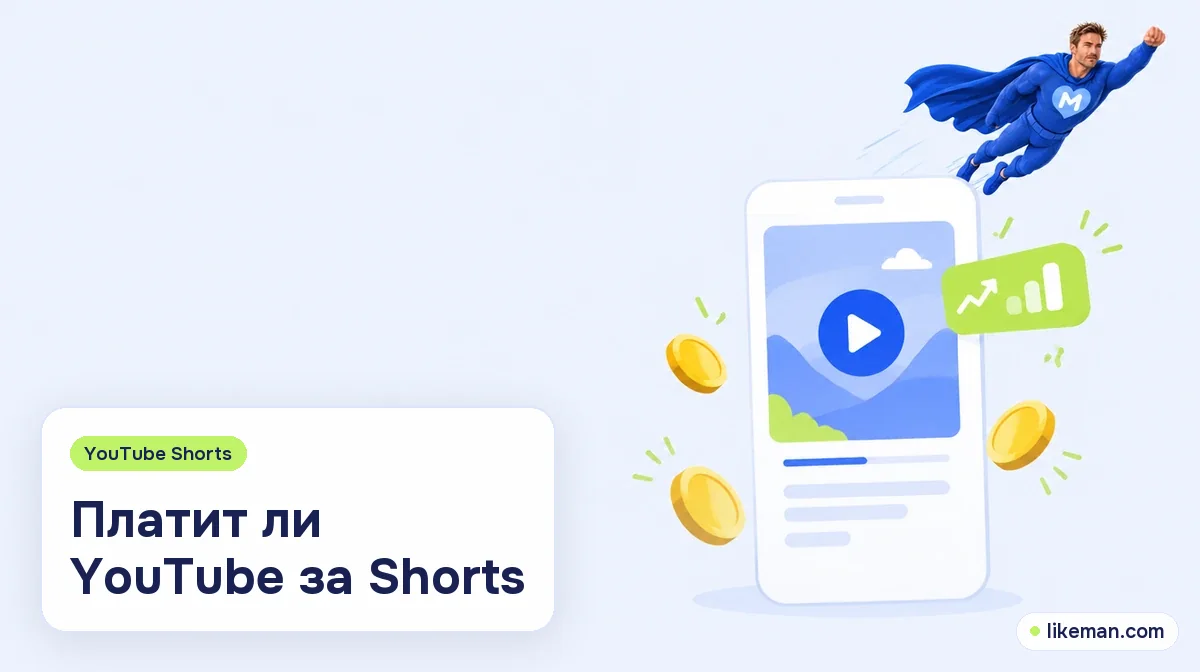 Сколько платит YouTube за Shorts. Супергерой LikeMan рядом с вертикальным видео, счётчиком и несколькими монетами