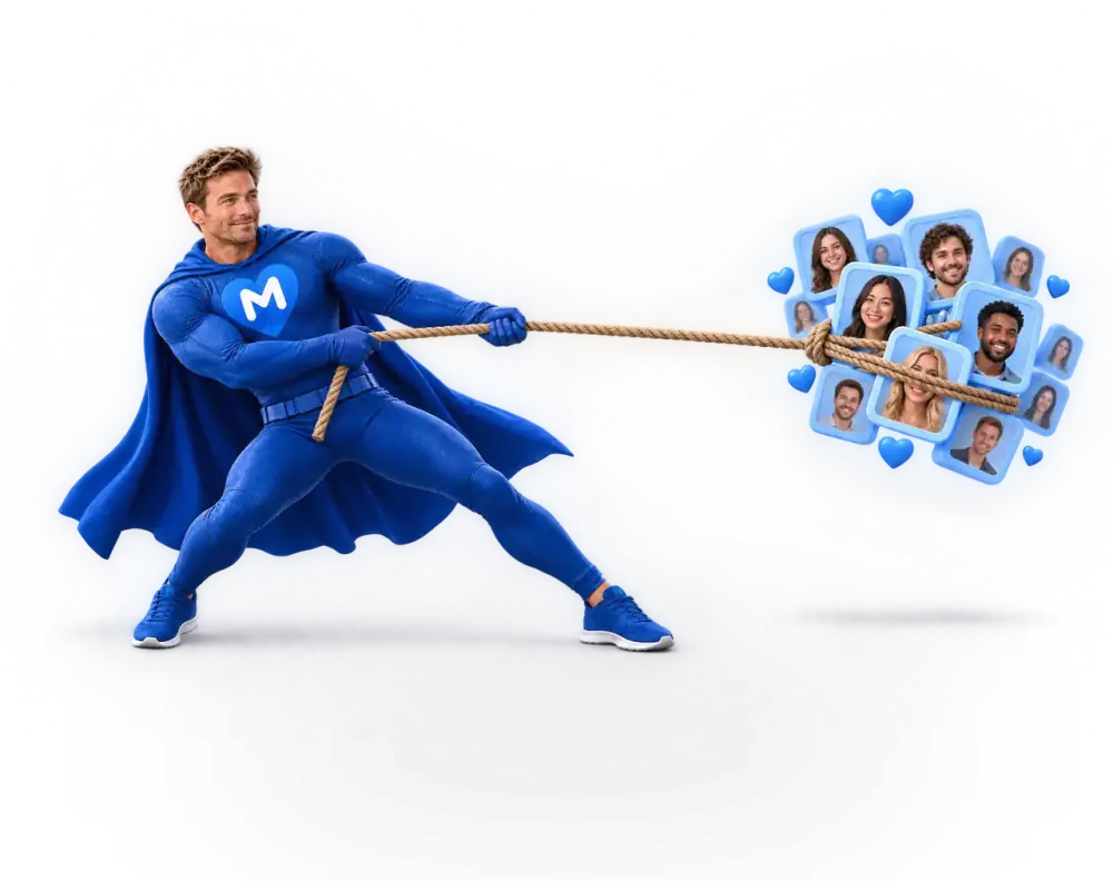 LikeMan pulls a taut rope to keep a group of follower profile cards close